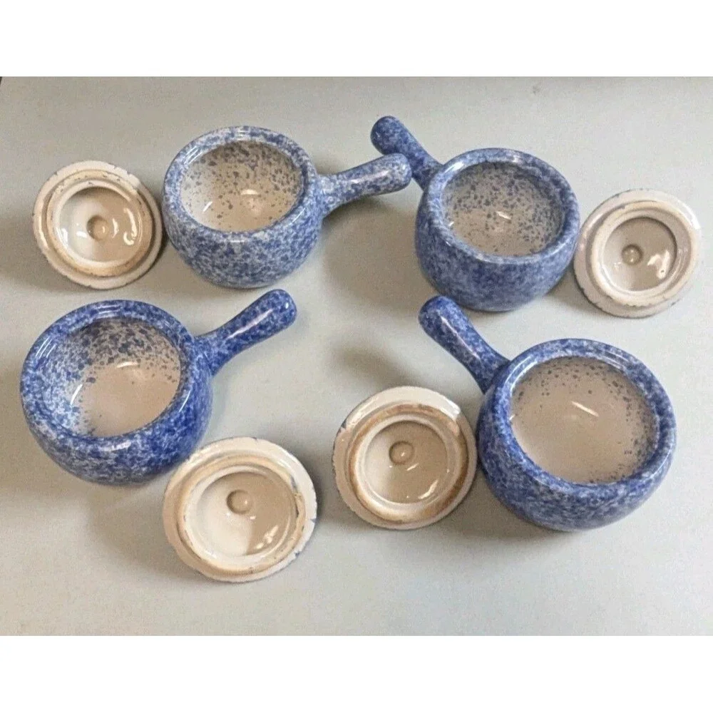 Vintage Bleu Co Gailst Blue Spongeware Lidded Soup Crocks - Set of 4 - Picture 11 of 15
